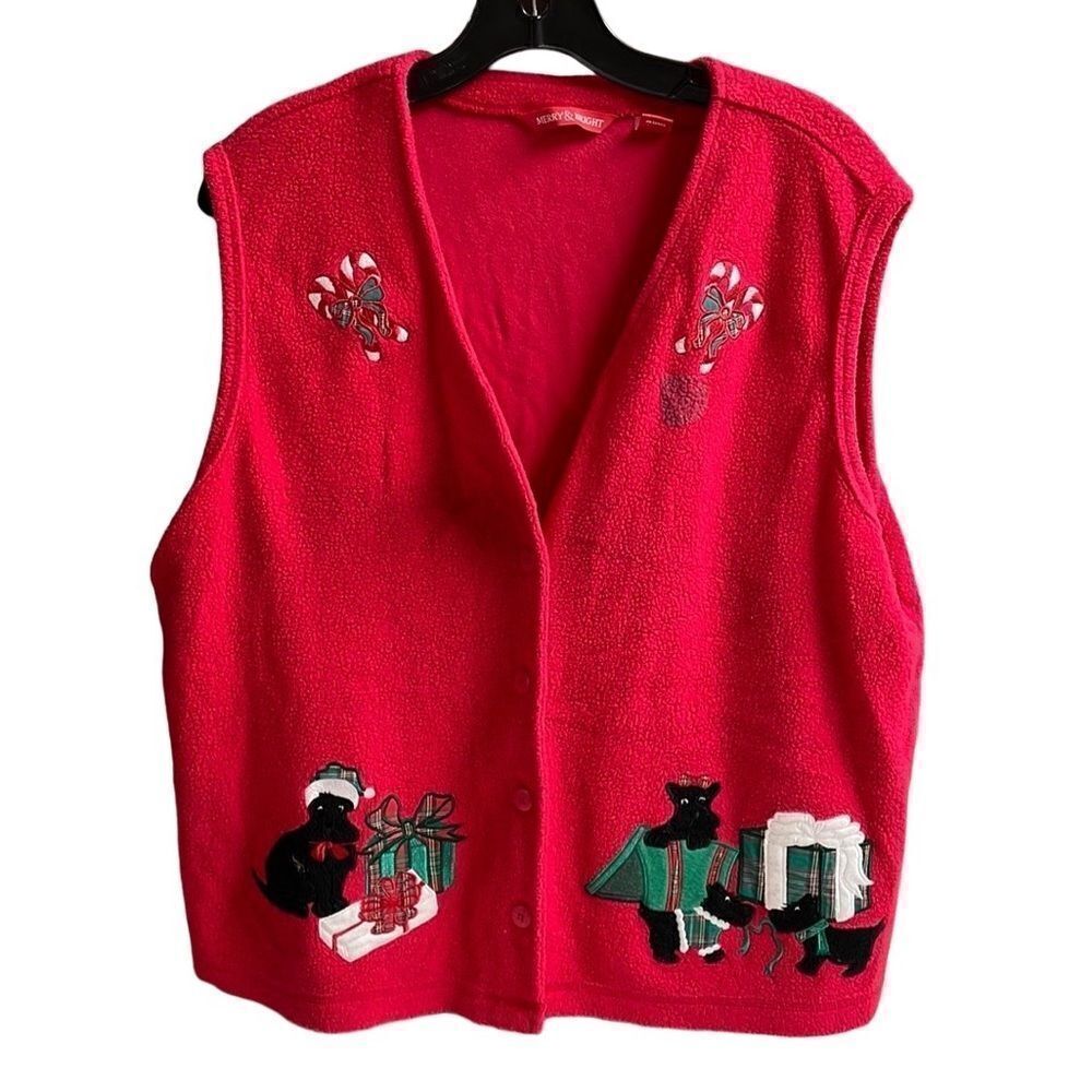 MERRY & BRIGHT Ladies Embroidered Vintage Scottie Dog Holiday Fleece Vest L Red
